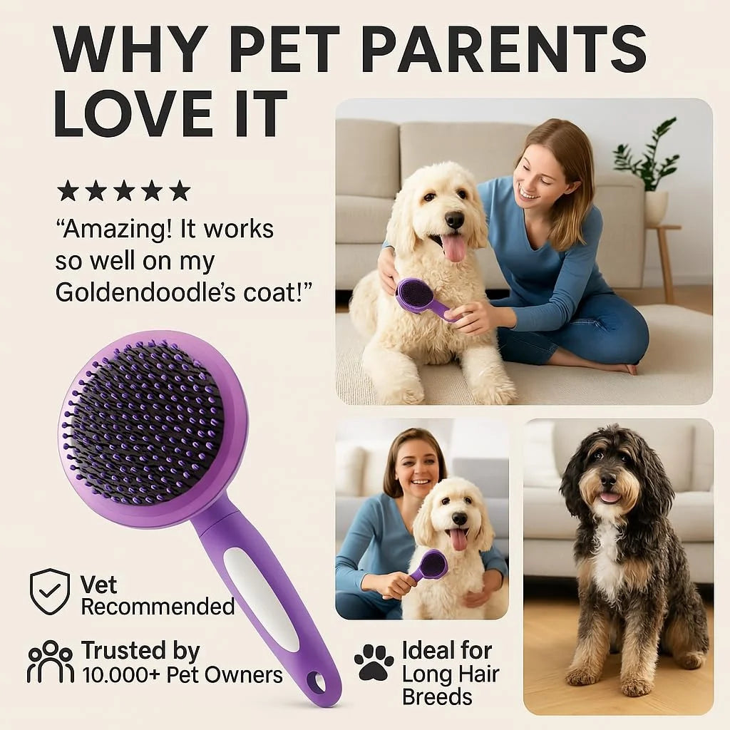 Poodle Pet round Soft Bristle Hair Brush Pet Grooming Tool for Dogs & Cats, Purple